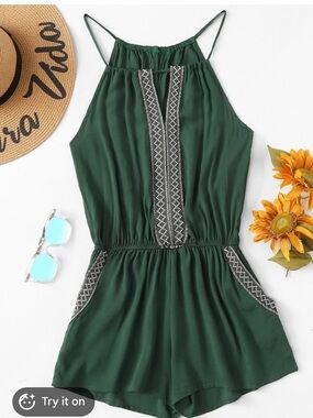 Green Embroidered Romper with pockets